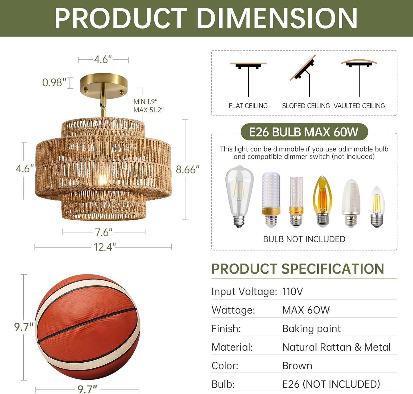 12.4” Boho Rattan Chandelier Light Fixture, 1-Light Hand Woven Pendant Light Fixture Farmhouse Rustic Hanging Lamp for Kitchen Island Bedroom, Dining Room, Living Room, Entryway, Foyer