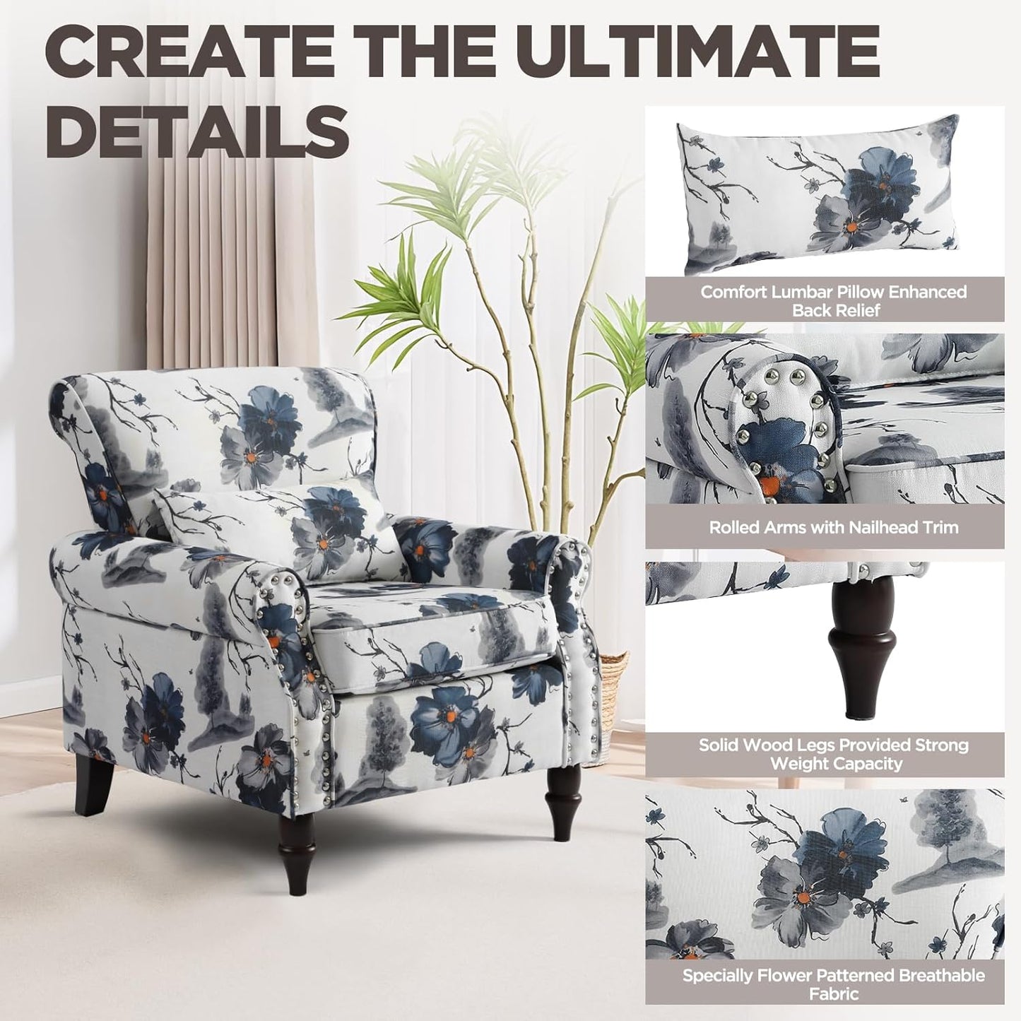 Wingback Accent Chair with Removable Pillow, High Back Floral Armchair with Solid Wood Legs & Nailhead Trim, Comfy Upholstered Reading Single Sofa Chair for Bedroom (2, Ink Blue Pattern)