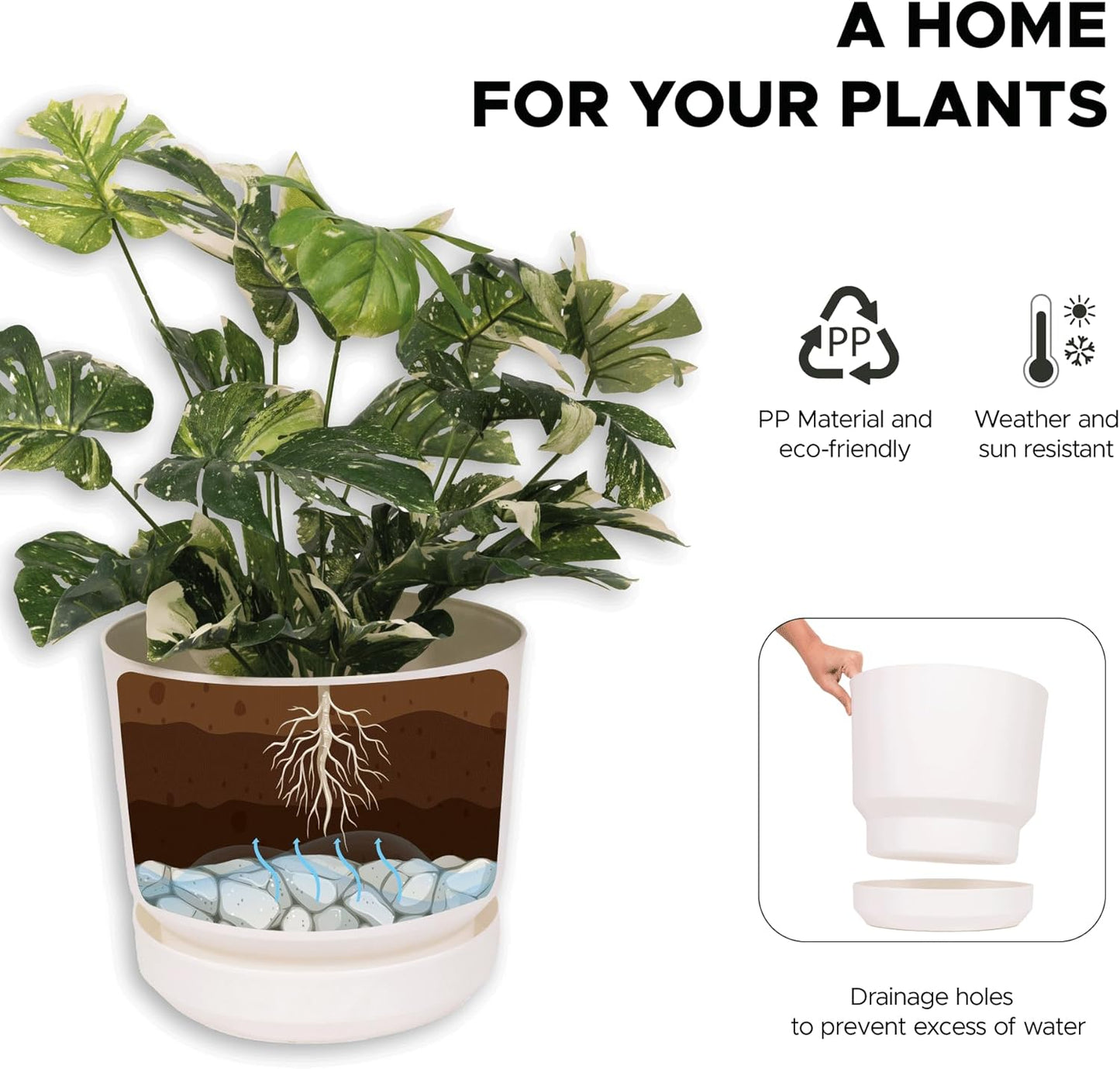 Elly Décor 12 inch Plastic Cylinder Planter Pot with Self-Watering Saucer and Drainage Hole,Lightweight & Extremely Durable, 12"x 12", White