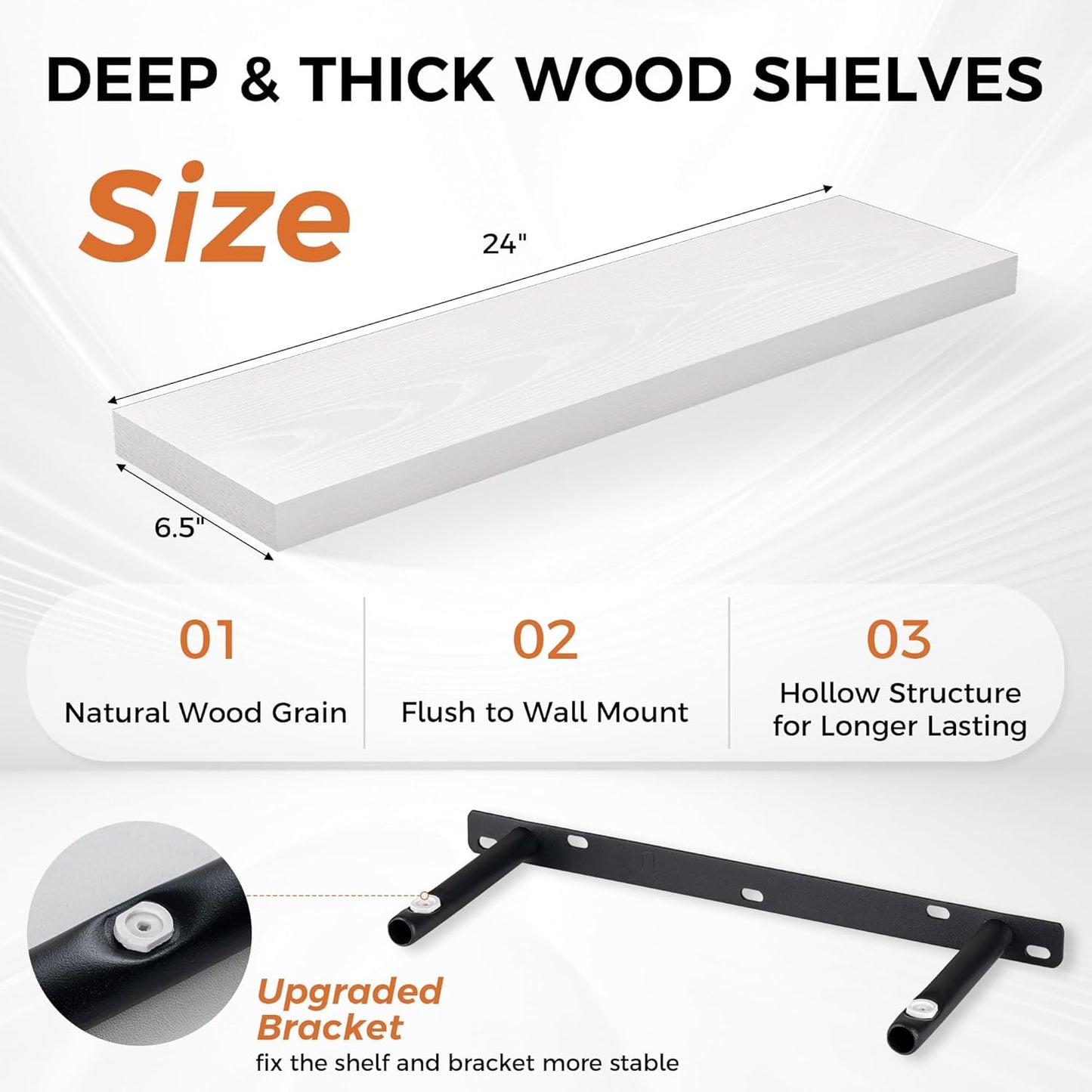 Fun Memories Floating Shelves for Wall, 24" Rustic Wood Deep Wall Mounted Shelves with Invisible Brackets for Decor & Storage, Floating Shelf for Living Room, Bathroom (White, Set of 2)