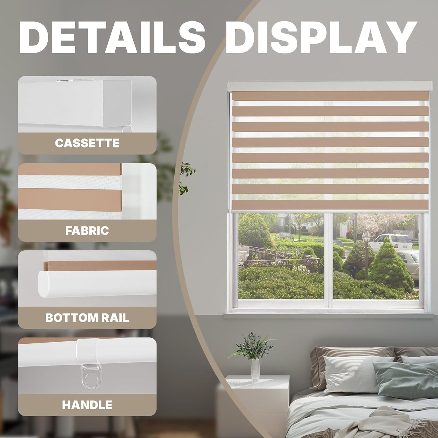 HESTIA Cordless Zebra Blinds Light Filtering Roller Shades UV Blocking Blackout Privacy Indoor Window Blind for Home Office Day and Night, Beige,36" W x 48" H