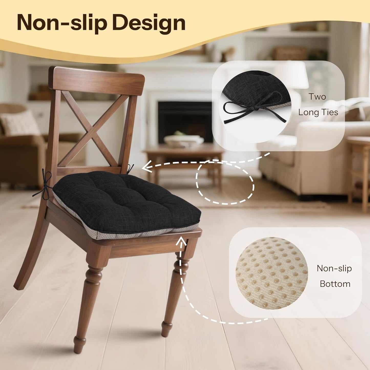 Non Slip Chair Cushions for Dining Chairs Set of 4 Kitchen Chair Cushions 18"x18"x3" Turfted Chair Pads Comfortable and Soft Seat Cushion with Ties, Black