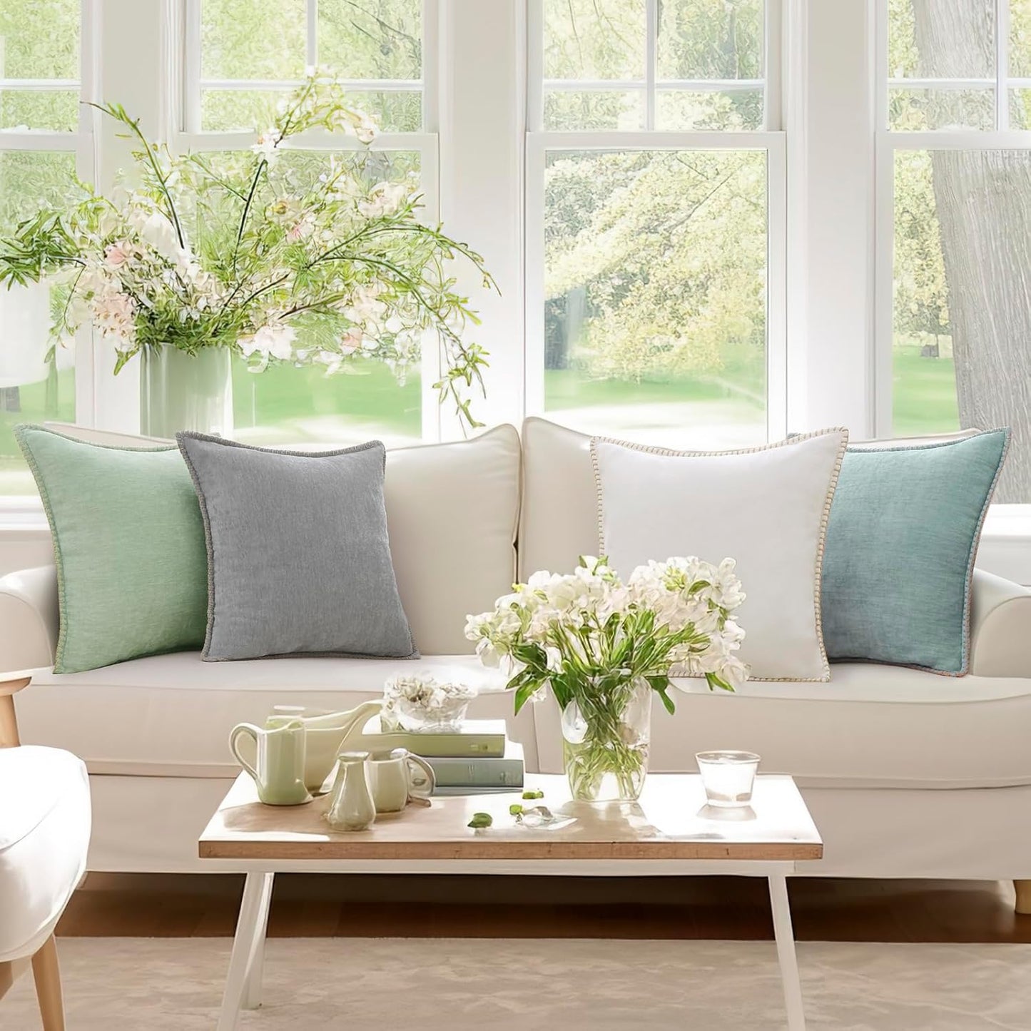 decorUhome Chenille Soft Throw Pillow Covers 22x22 Set of 2, Farmhouse Velvet Neutral Decorative Euro Pillow Covers with Stitched Edge for Couch Sofa Bed Home Decor, Aqua Haze