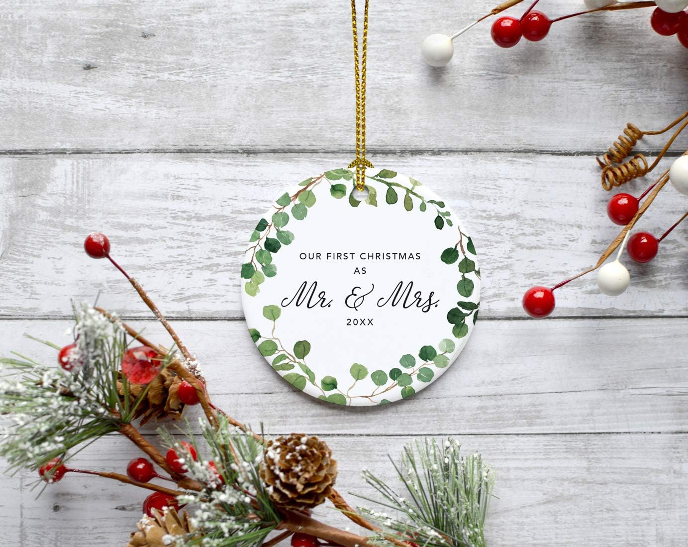 Andaz Press Custom Year Round Ceramic Porcelain Christmas Tree Ornament Keepsake Collectible Gift, Our First Christmas as Mr. & Mrs. 2025, Farmhouse Eucalyptus Wreath, 1-PackCouple
