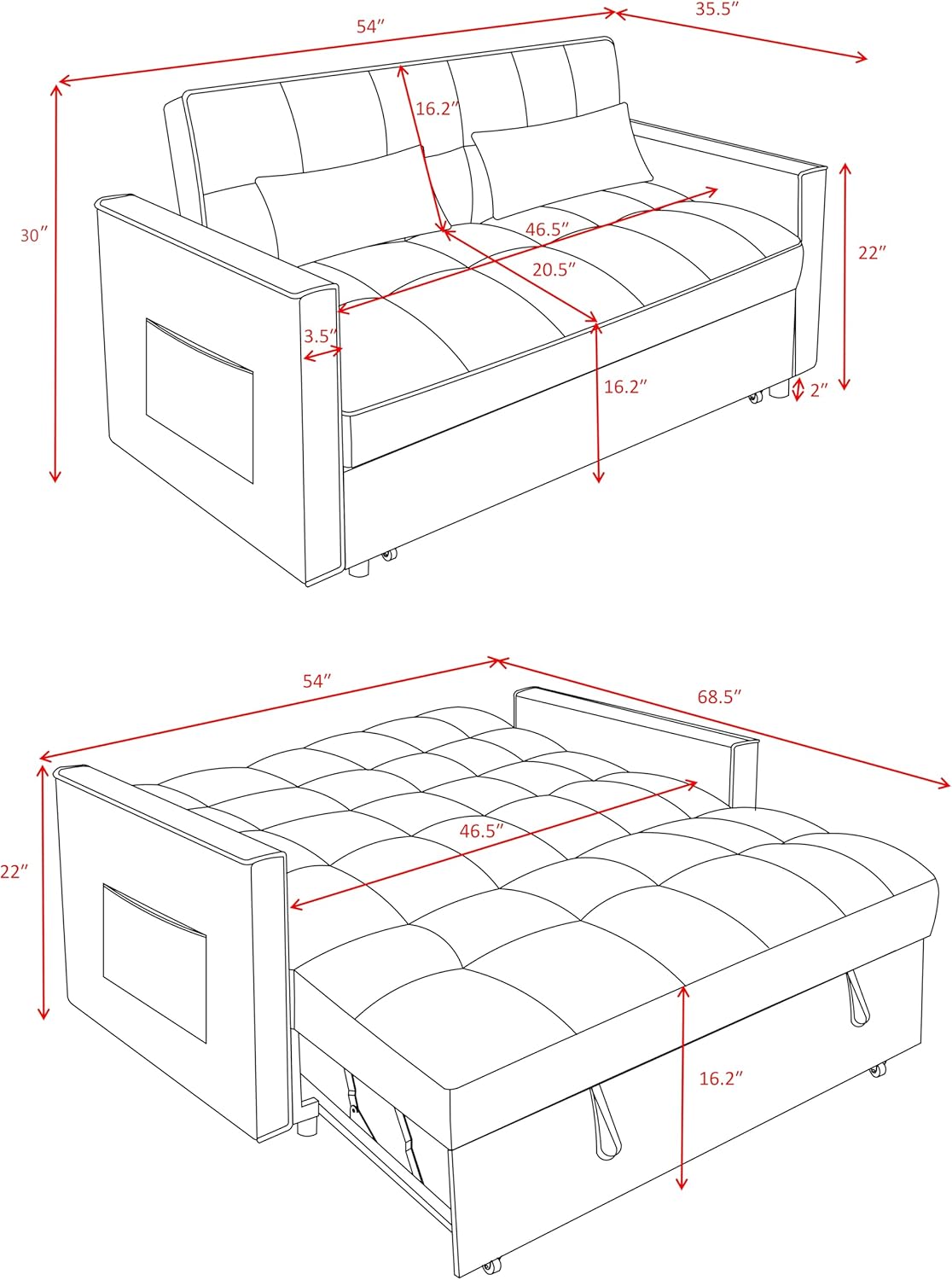 3 in 1 Convertible Sleeper Sofa Bed, Couch with Pull Out Bed with Side Pocket, Convertible Love Seat Sleepers Couch for Living Room, Bedroom, Black