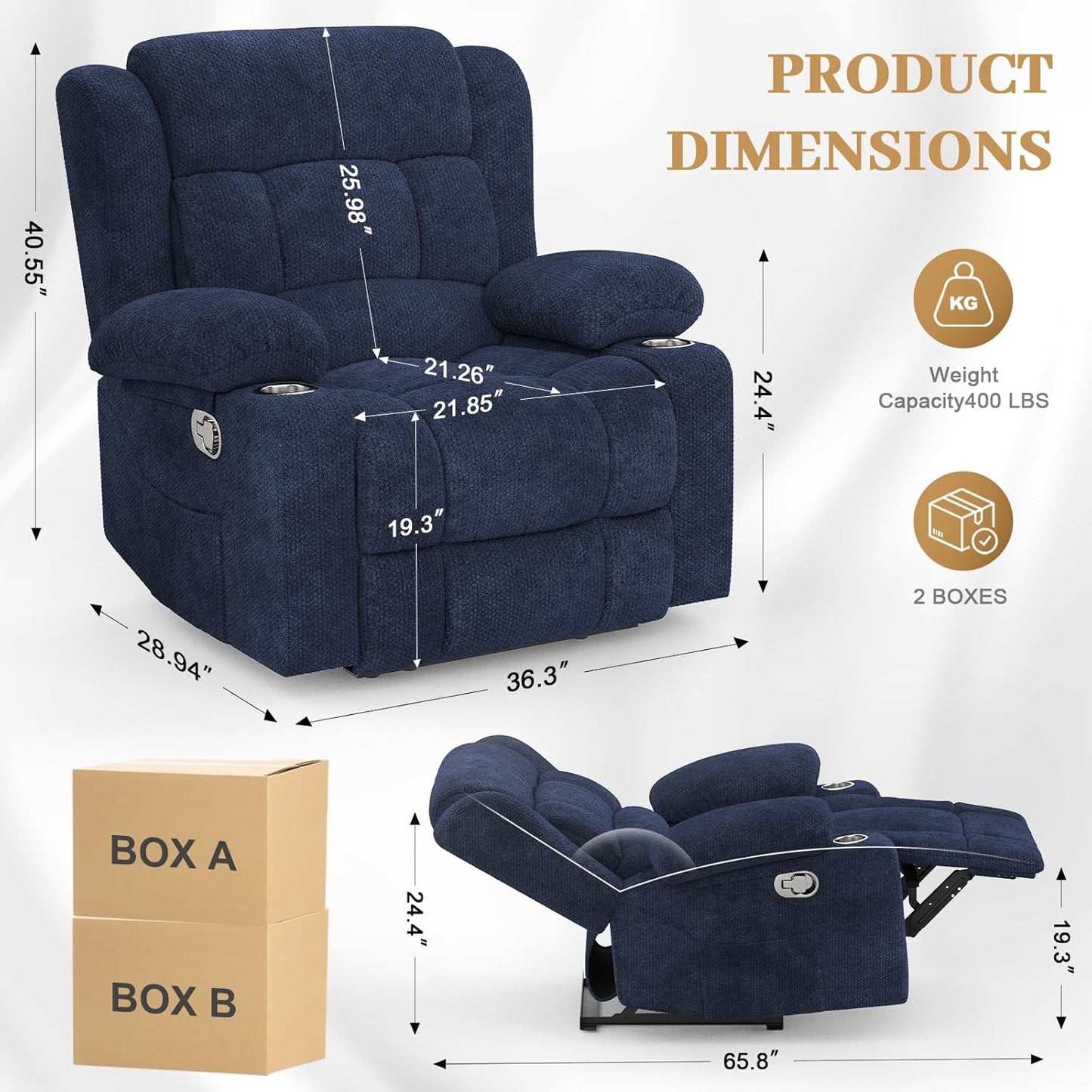 Recliner Chair for Adults, Oversized Fabric Manual Pull Tab Reclining Chair with Cup Holders, Minimalist Style Single Sofa for Living Room, RV (Blue)