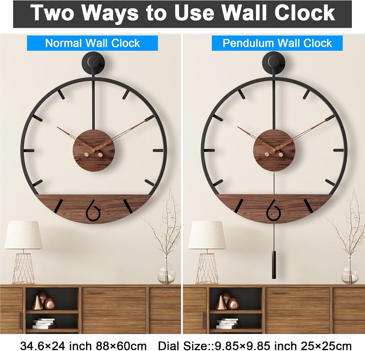 34.6×24 Inch Large Modern Decorative Pendulum Wall Clock,Big Metal Farmhouse Oversized Silent Wall Clocks Minimalist Elegant Walnut Dial Pointers for Living Room,Office,Dining Room Decor