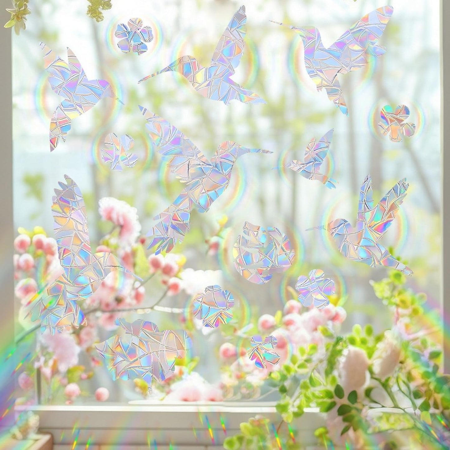 Bird Window Clings Static Cling Window Decals, 1PCS Flower Anti Collision Bird Deterrent Rainbow Stickers, Reusable, Rainbow Non-Adhesive Prismatic Decorative Home Decor