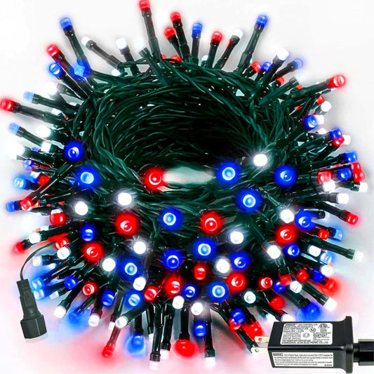 200 LED Red White and Blue Christmas String Lights Outdoor Indoor, 75.8 FT 4th of July Patriotic Lights, Extendable Green Wire Waterproof Mini light for Independence Day Memorial Day Party Decorations