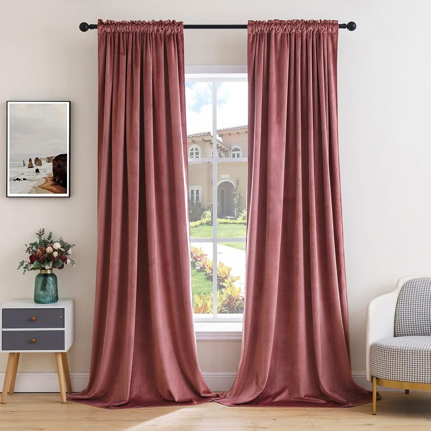 MIULEE Dusty Rose Pink Velvet Curtains Thermal Insulated Blackout Curtain Drapes for Bedroom Living Room Darkening 105 Inches Long Curtains Panels Rod Pocket Set of 2