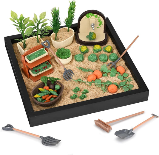 Dreamon Zen Sand Garden for Desk - Vegetable Gardening Themed Sand Tray Therapy Kit with 56 Accessories & Encouragement Cards - Meditation Room & Office Stress Relief Toy - Funny and Novelty Gift Idea
