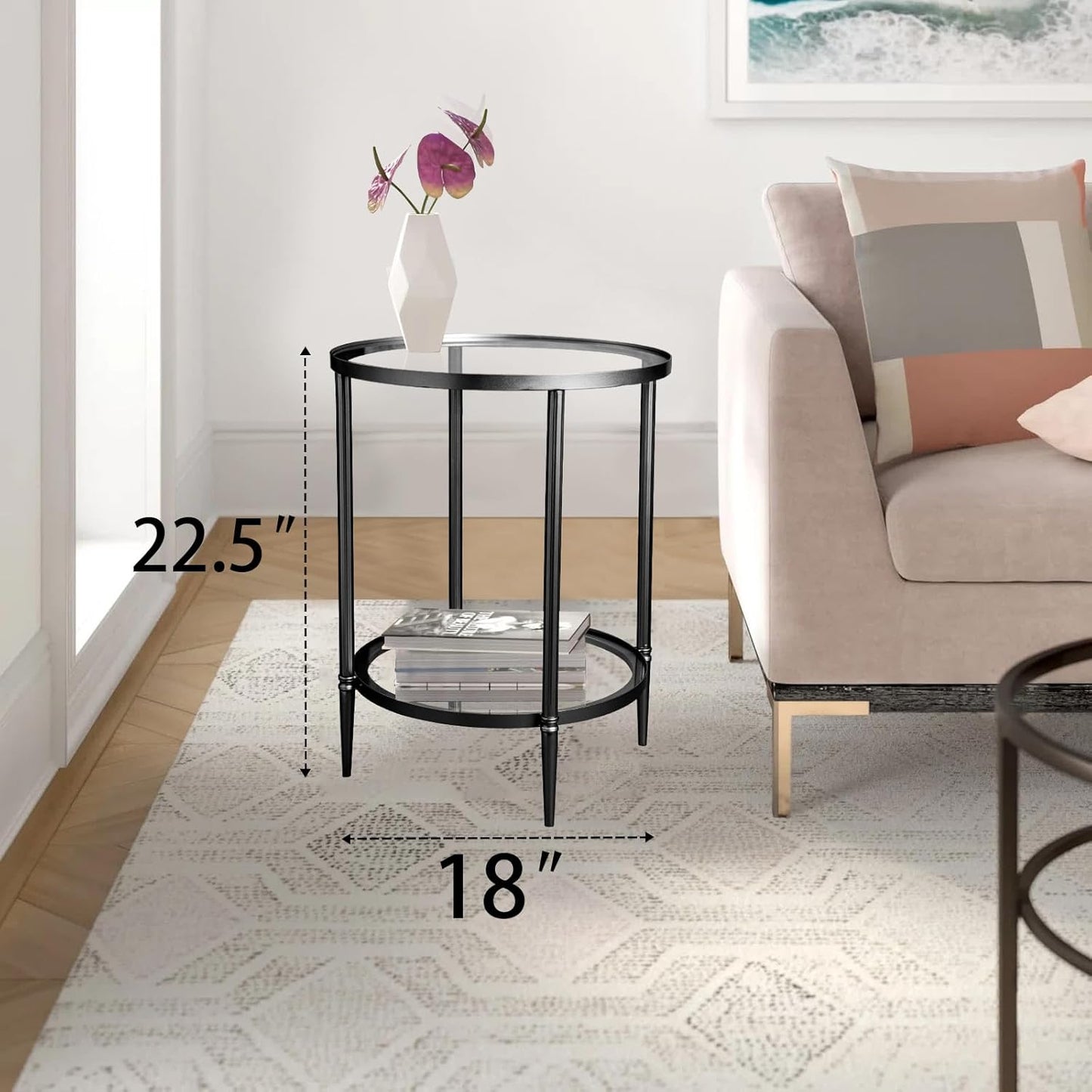 2 Tier Round Side Table, Black End Table with Glass Top, Modern Metal Clear Coffee Table，Small Accent Table for Living Room, Bedroom, 18" x 18" x 24"
