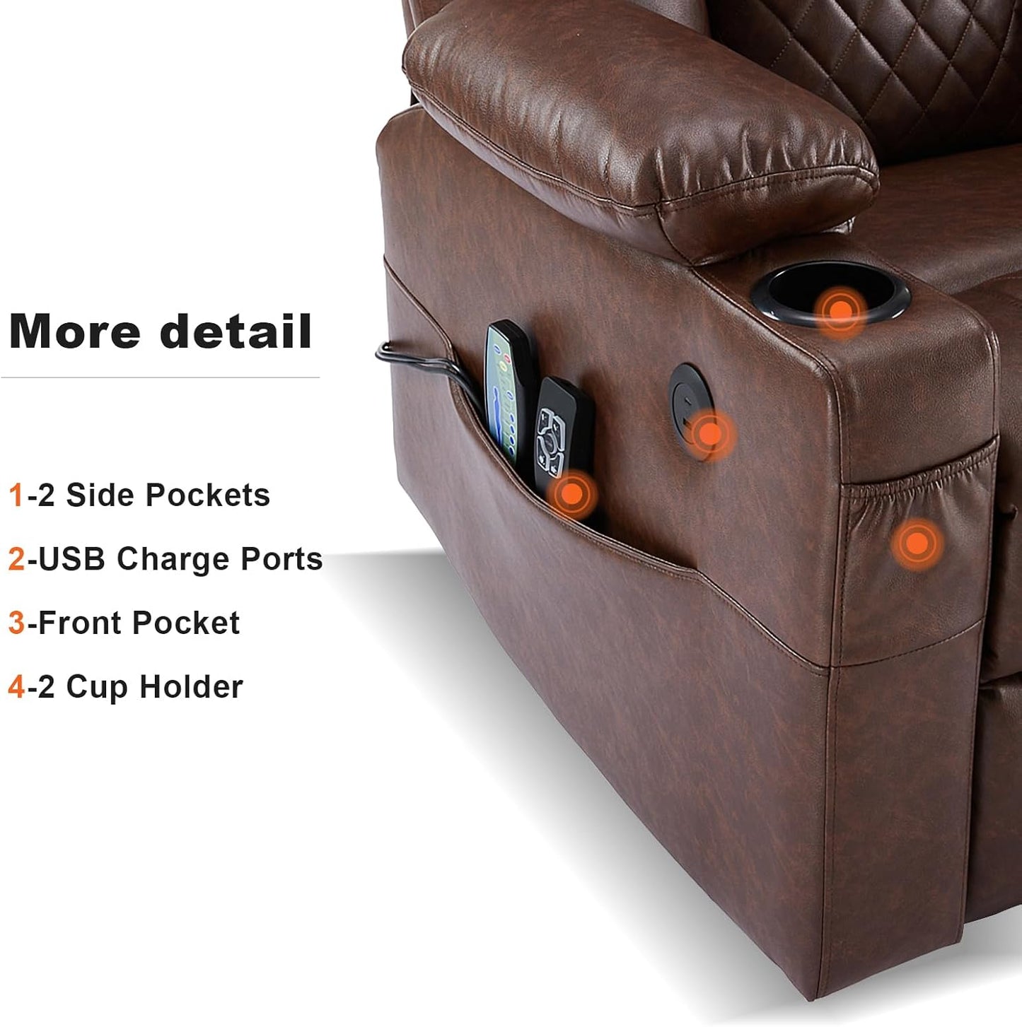 Dual Motor Power Lift Recliner Chairs with Heat and Massage for Elderly, Leather Electric Recliners with Footrest, Infinite Position Lift Chair with Cupholder,USB & Type C Ports(Brown)