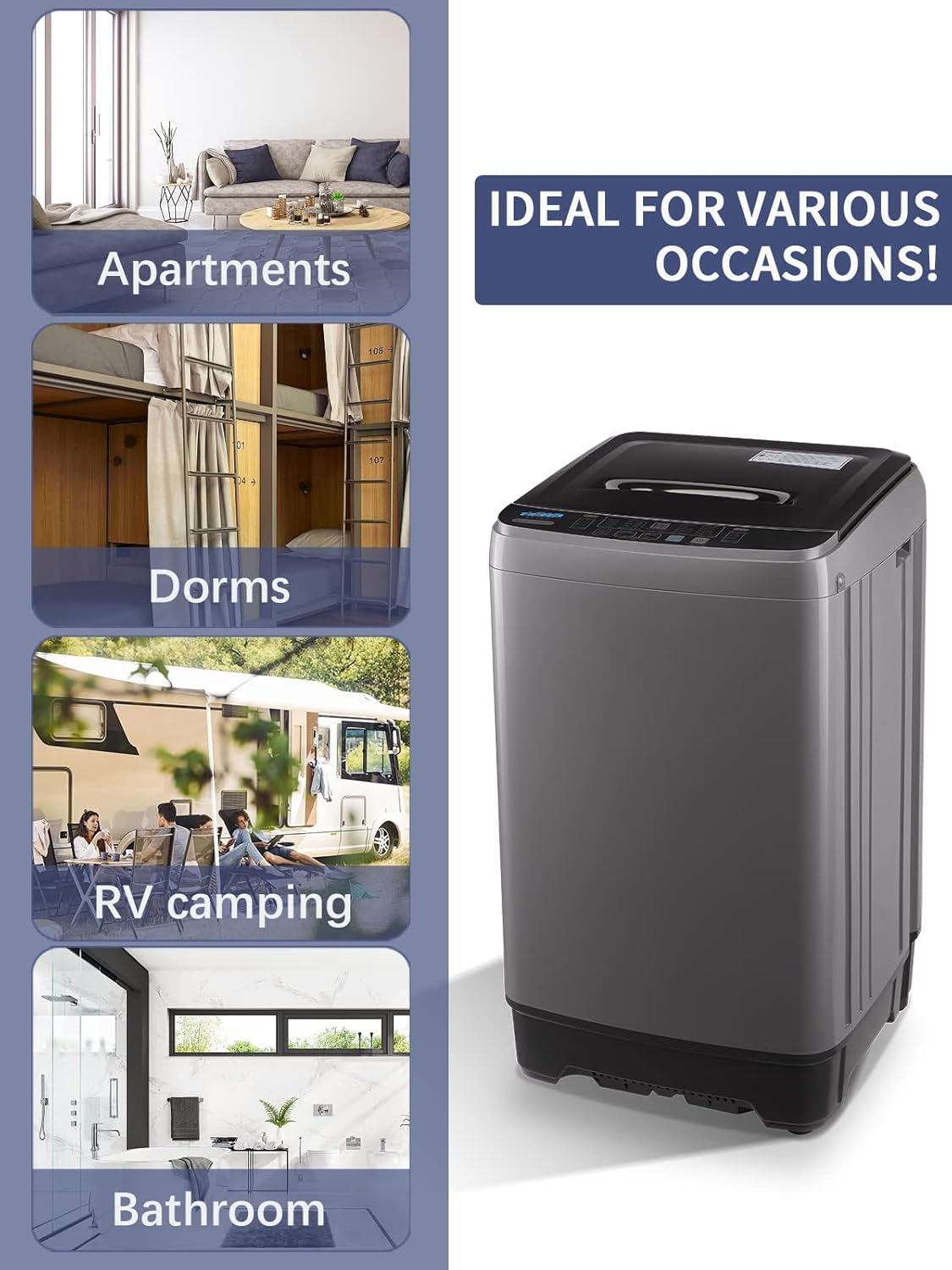 17.7 lbs Full Automatic Washing Machine with LED Display Compact Drain Dump, 10 Wash Programs and 8 Water Levels Ideal for Dorms, Apartments, RV, Grey (KB03-GREY6-3)