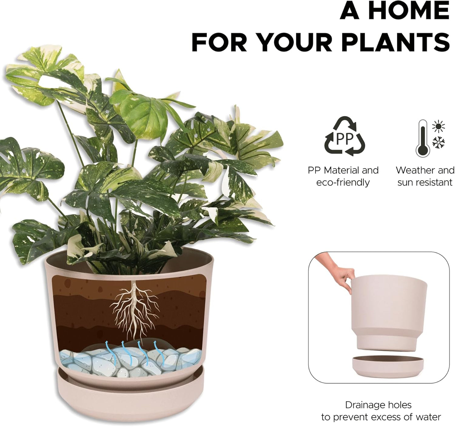 Elly Décor 12 inch Plastic Cylinder Planter Pot with Self-Watering Saucer and Drainage Hole,Lightweight & Extremely Durable, 12"x 12", Ivory