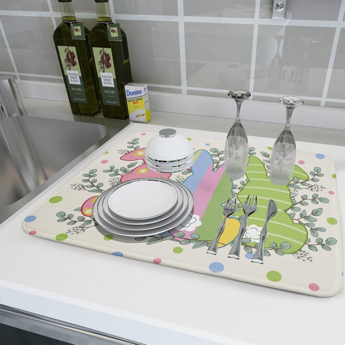 Easter Dish Drying Mat for Kitchen Counter Cute Bunny Rabbit Festival Holiday Seasonal Absorbent Reversible Microfiber Kitchen Countertop Protector Dishes Pad Large 18x24 inch