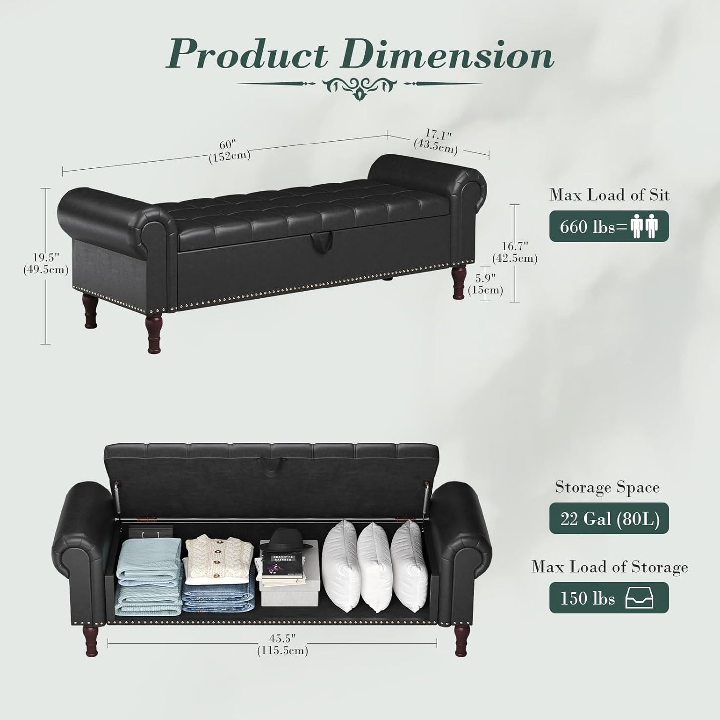 Apicizon 60”Storage Benches, Queen Size Faux Leather Bed Bench with Tufted Button, Upholstered Bench with Rolled Arm and Vintage Rivets for Foot of Bed, Living Room, Entrance，Black