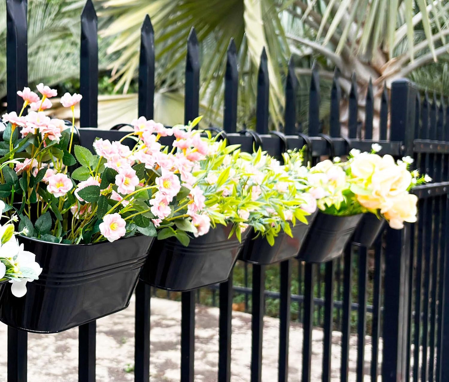 8 Pack Metal Hanging Planter for Outdoor Plants, 10 Inch Black Fence Planters Railing Pots for Garden Patio Balcony Decor, Flower Bucket with Detachable Hooks (Black, 8Pcs)
