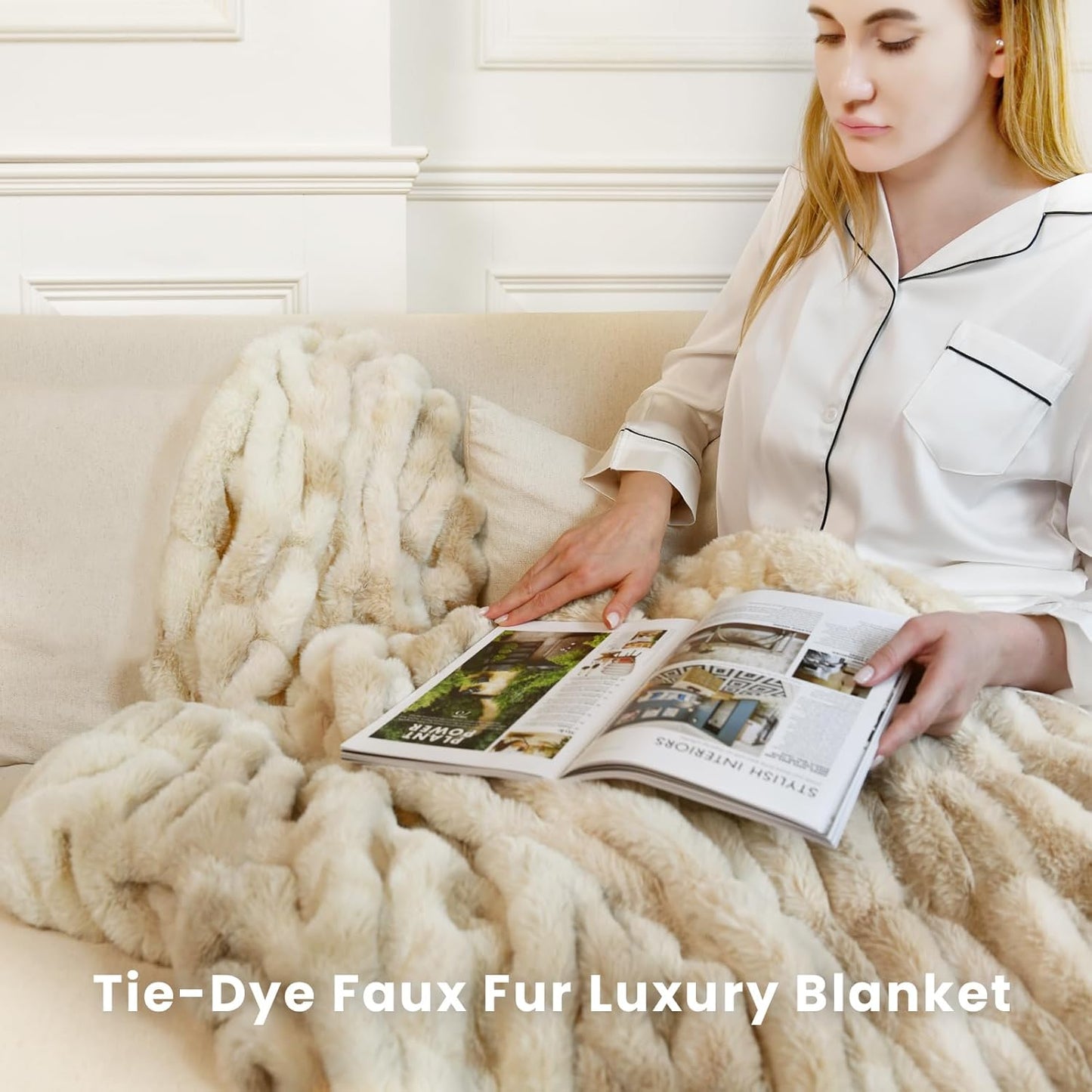 Faux Fur Blanket, Throw Blanket for Couch, Fluffy Blanket with Stretch Ruched Design, Ultra Soft Giftable Home Decor, 50x60 inches, Tie-Dyed in Khaki