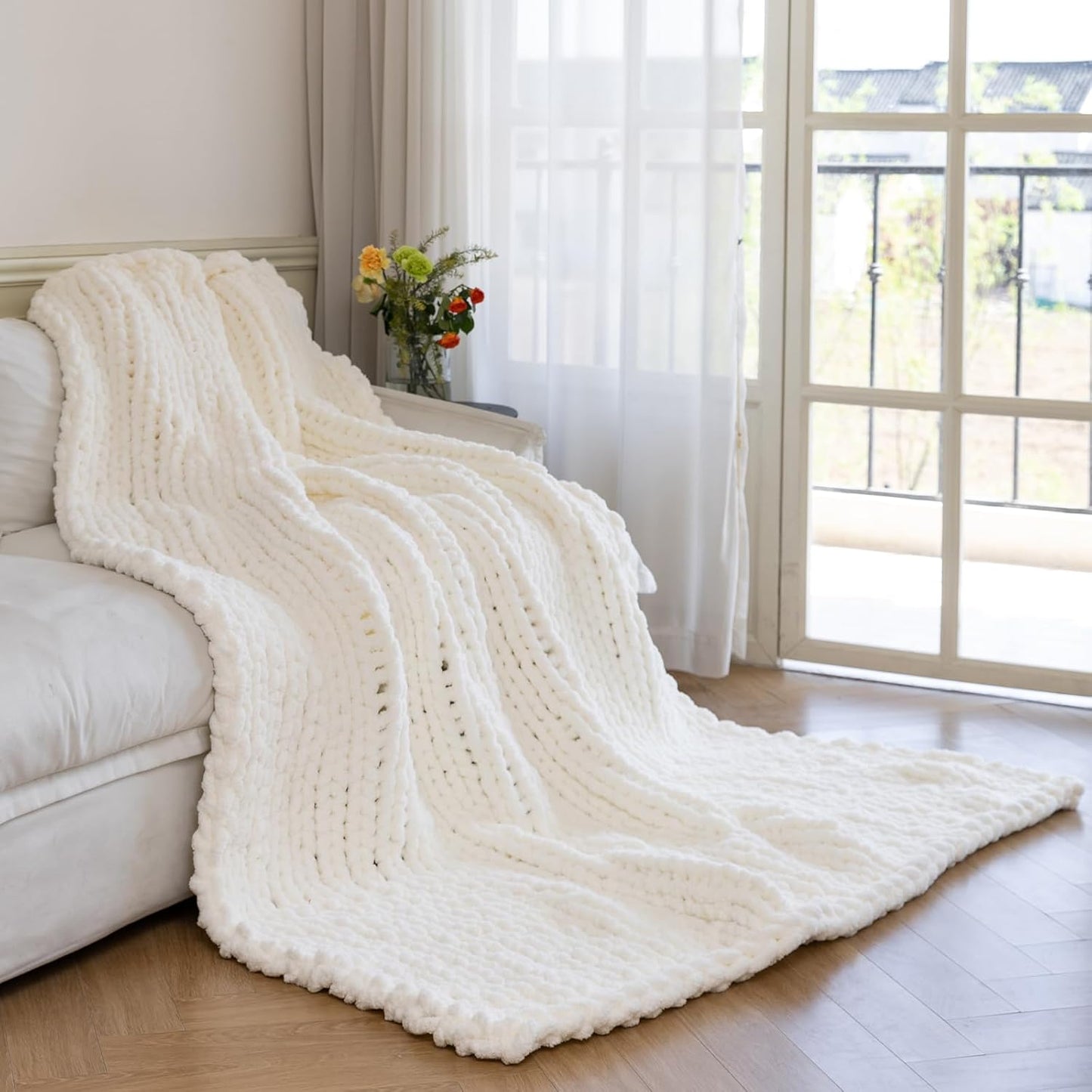 Chunky Knit Blanket - Luxury Soft Cozy 50 * 60 Throw Blanket,100% Woven Blanket Rope Knot Throw Blanket for Couch, Sofa, Home Decor, Gift - Machine Washable（Milk White）
