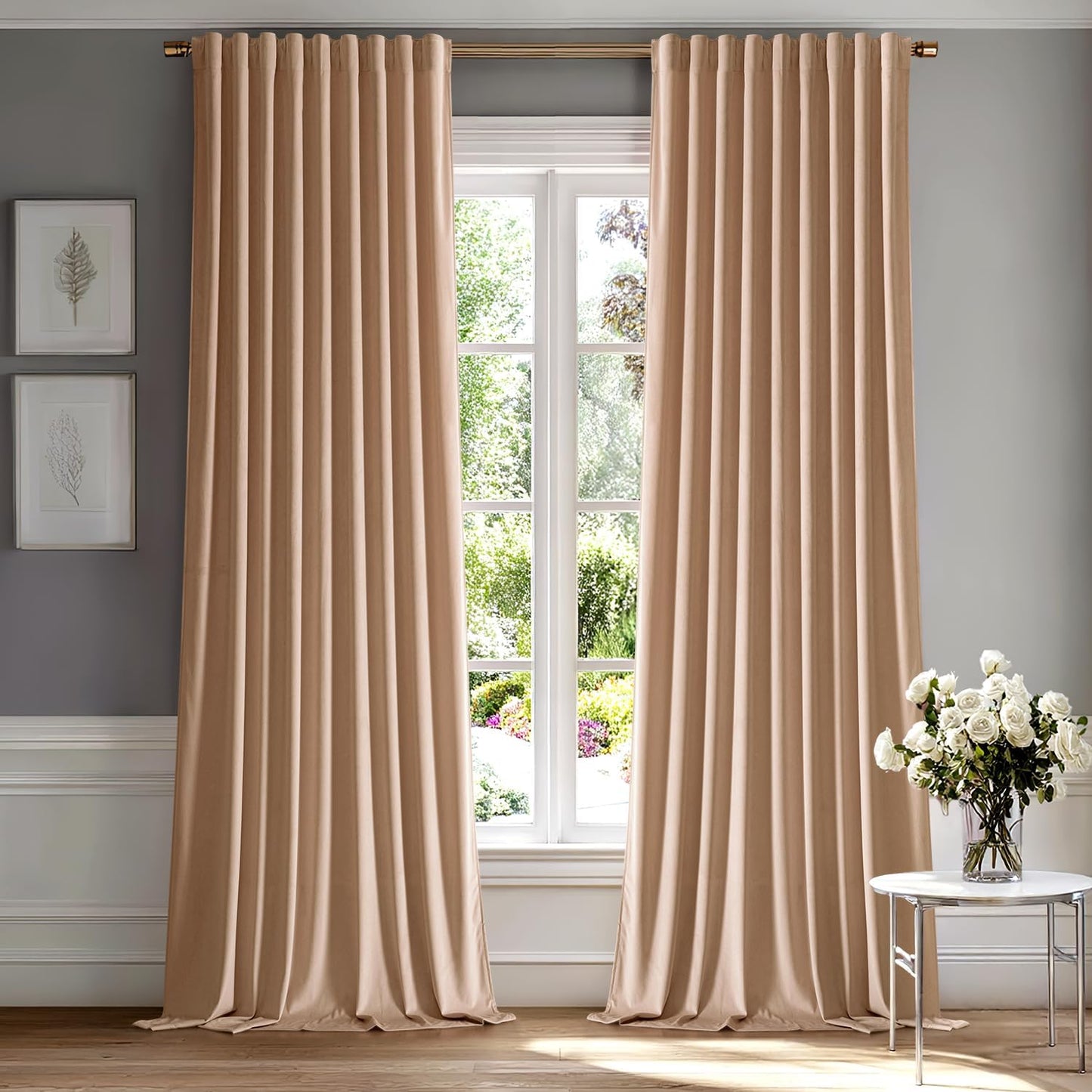 MIULEE Blush Beige Velvet Curtains 84 inches 2 Panels - Luxury Room Darkening Window Drapes for Bedroom Living Room Thermal Insulated Super Soft Blackout, Back Tab Rod Pocket Pinch Pleated, W52 x L84