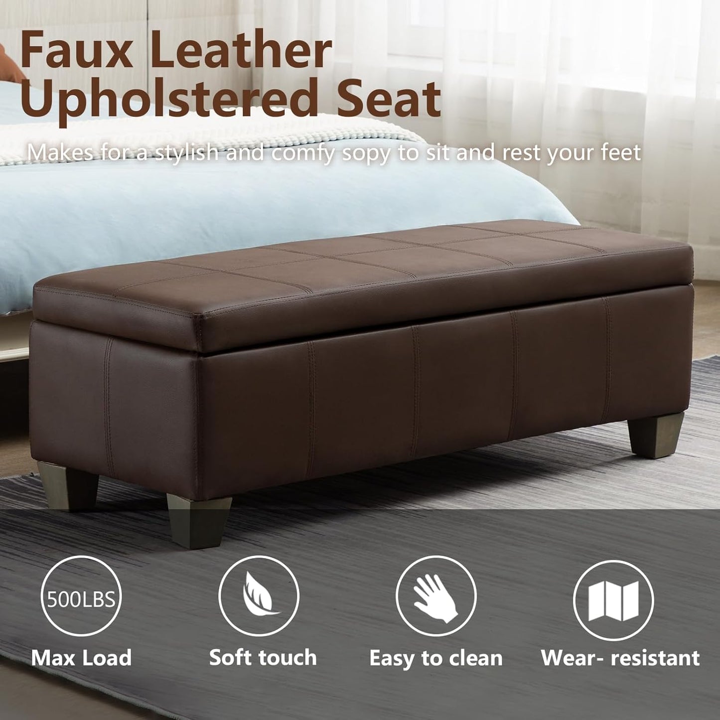 51 Inch Brown Faux Leather Ottoman with Storage, Rectangular Extra Long Bench, End of Bed Bench with Large Storage for Bedroom, Living Room