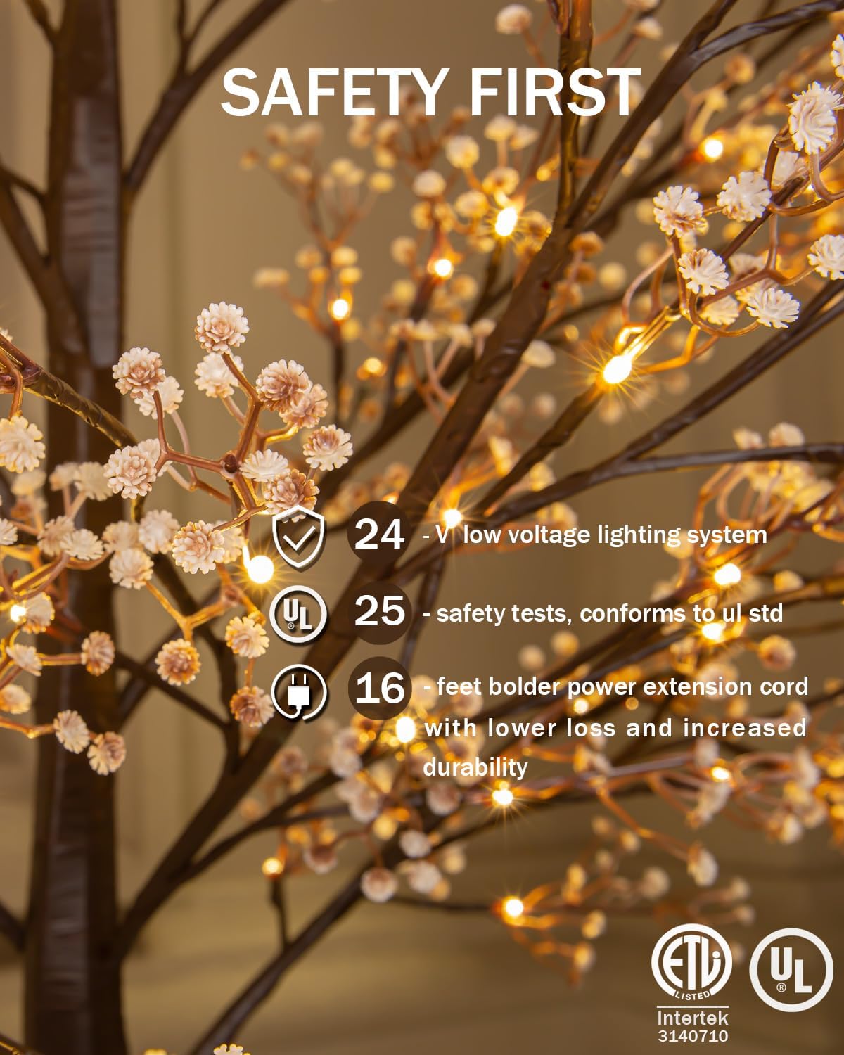 5ft Lighted Baby's Breath Tree with 128 Warm White LED Lights for Holiday Decor - Dimmable, UL Certified, Waterproof - Ideal for Indoor and Outdoor Decoration