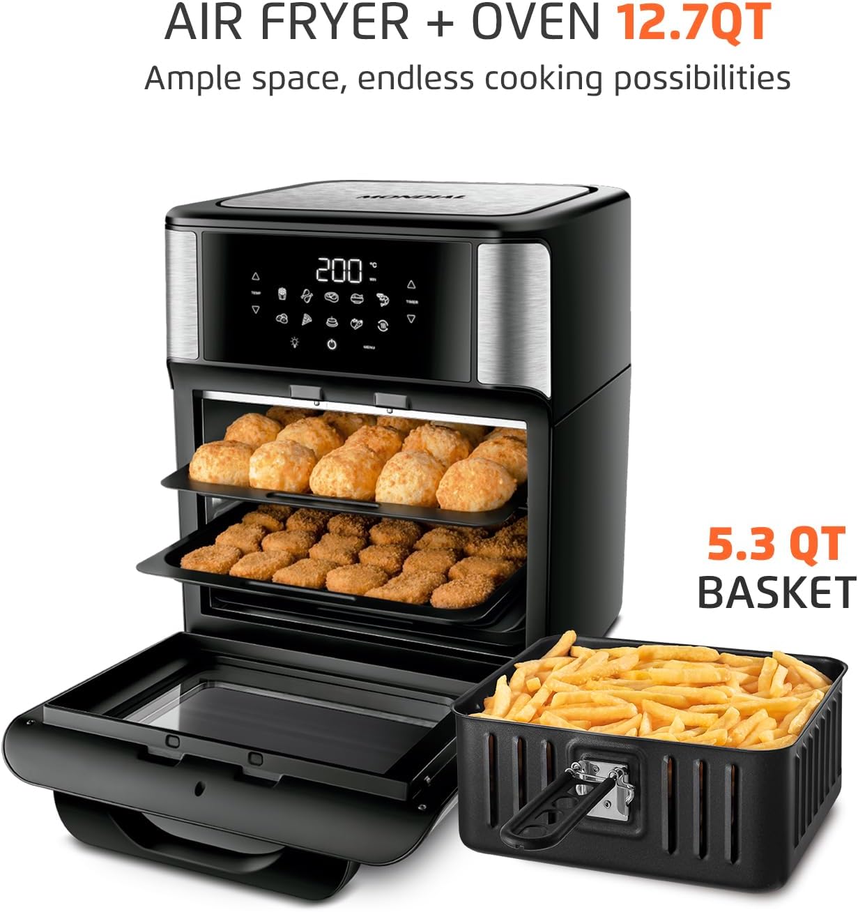 Air Fryer Oven 1800W, 12.7QT Capacity, Touchscreen Panel, Automatic Shut-Off – Black & Stainless Steel – Mondial
