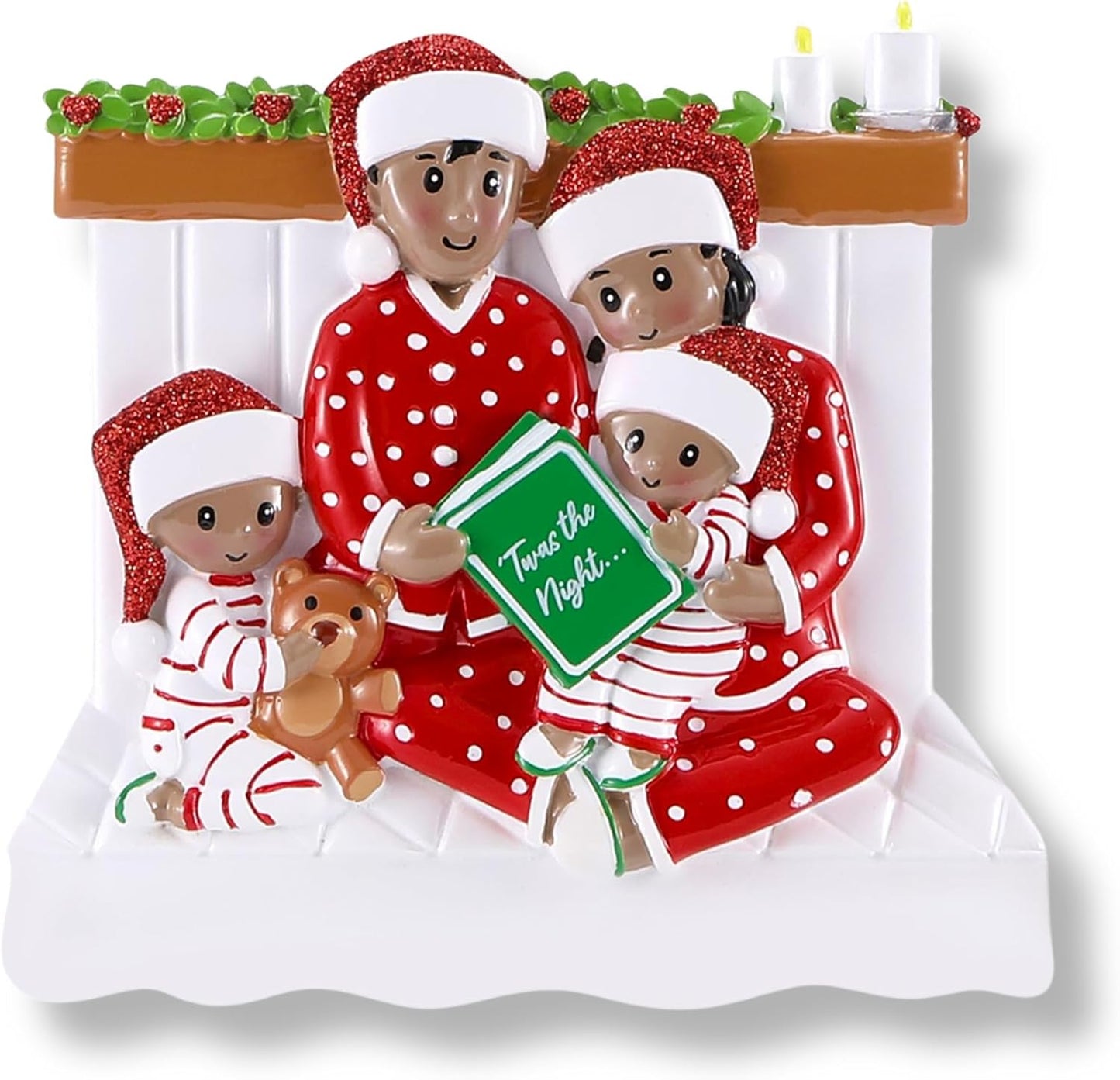 3D African American Pajama Family of 4 Christmas Ornament 2025 Personalized Family Christmas Ornaments 2025 | Black Reading a Book Personalized Tree Ornaments in Red Pajama of Four Ornament Gifts