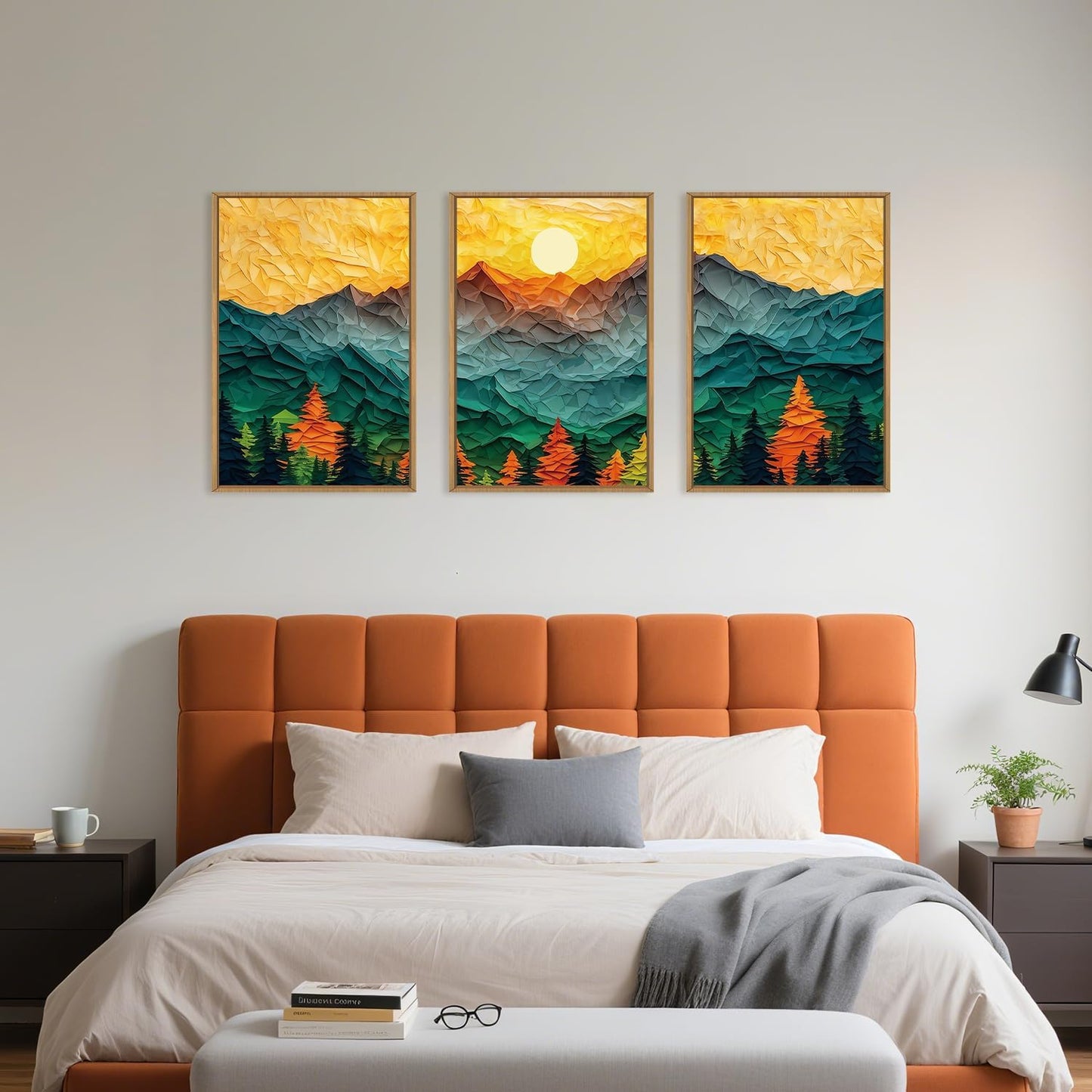 Abstract Mountain Framed Canvas Wall Art Set, Forest Pine Tree Golden Sunset Wall Decor, Mixed Patchwork Landscape Art Print for Living Room, Bedroom, Dining Room, Office - 16"x24"x3