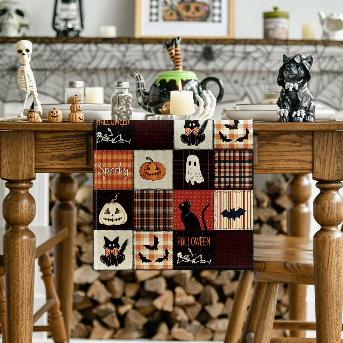 Artoid Mode Black Cat Bat Pumpkin Spooky 210 GSM Halloween Table Runner, Ghost Kitchen Dining Table Decoration for Home Party Decor 13x72 Inch
