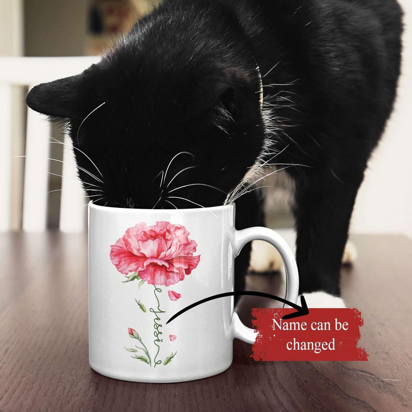 Personalized Floral Carnation Mug, Customized Name On Flower Coffee Cup, Unique Ceramic Tea Mug 11oz Or 15oz, Custom Carnation Flower Accent Cup, Gift For Daughter Mother