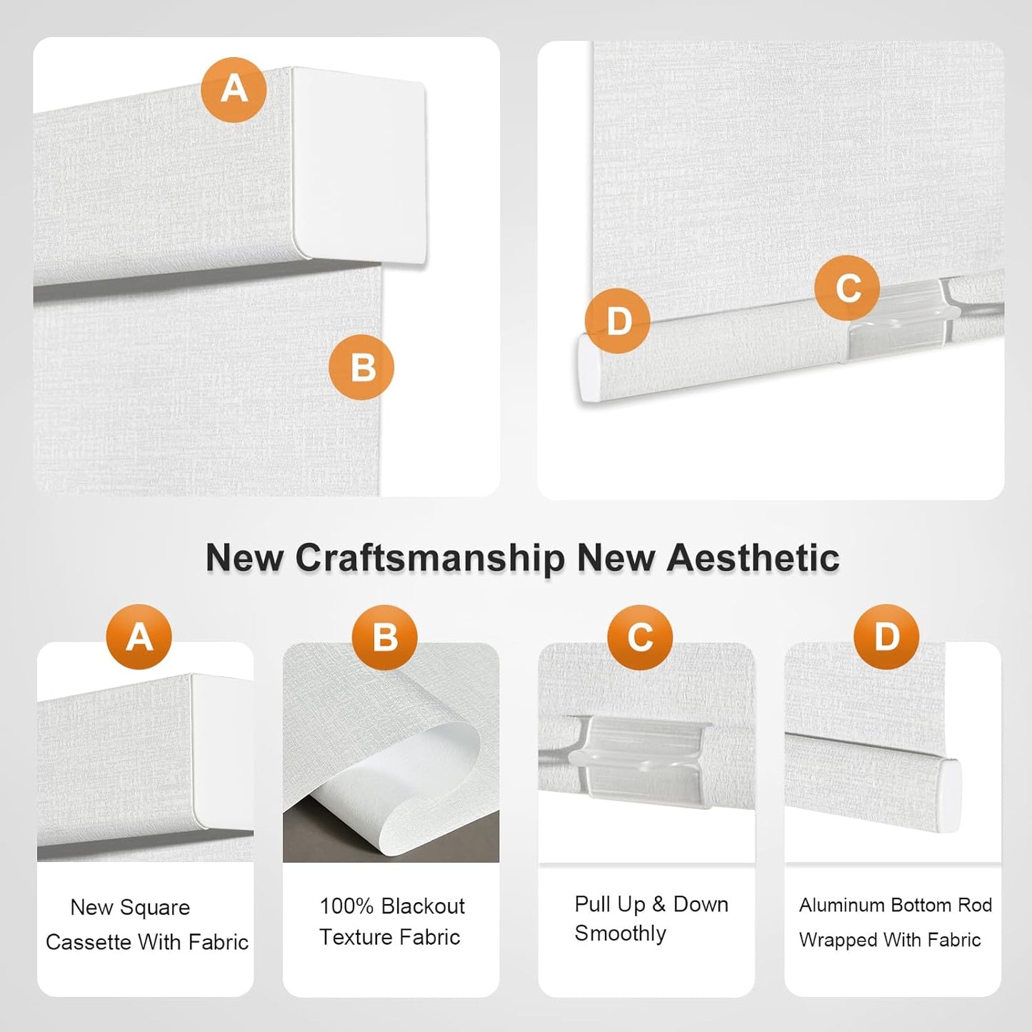 Persilux Blackout Roller Shades & Blinds: Cordless, Free-Stop, Jacquard Fabric, 75" W x 48" H, White, Easy to Install for Home/Office