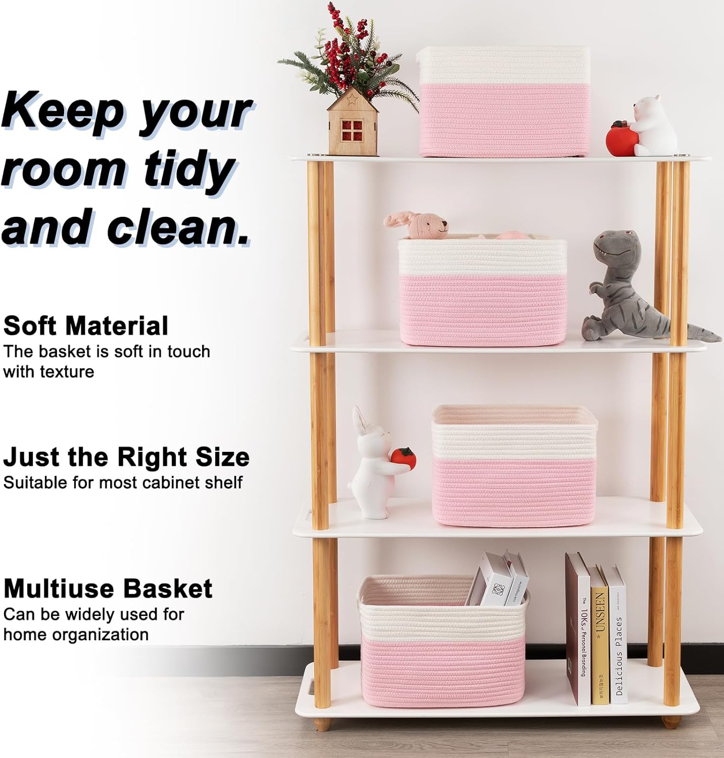 4 Pack Storage Baskets for Organizing, Woven Baskets for Shelves - Perfect for Toys, Books, Towels, and Clothes, Durable Gift Basket Bins Toy Storage, 12.7''Lx9''Wx7.8''H, Pink & White