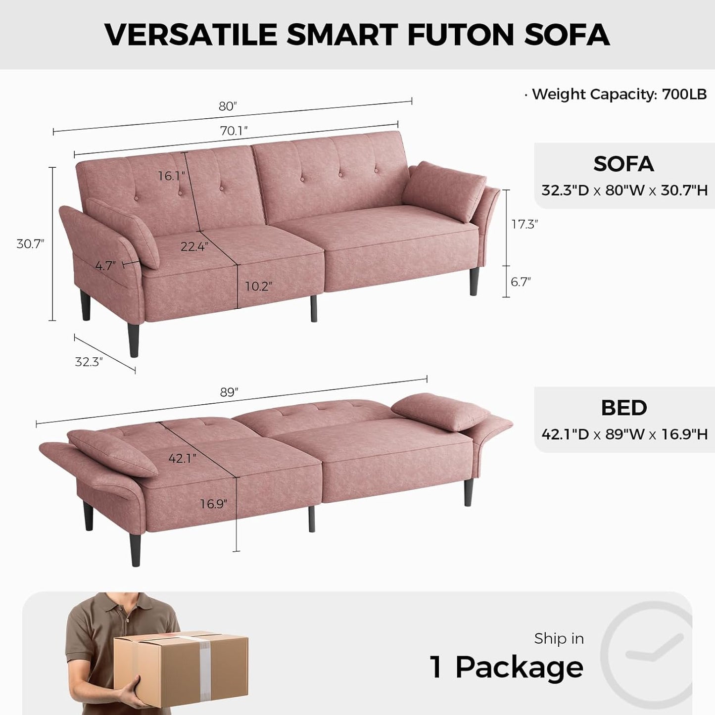 89” Futon Sofa Bed, Velvet Fabric Futon Couch Bed with 2 Square Pillows, Convertible Sleeper Sofa with Adjustable Backrest& Armrests, Modern Loveseat Sleeper for Living Room, Bedroom, Pink