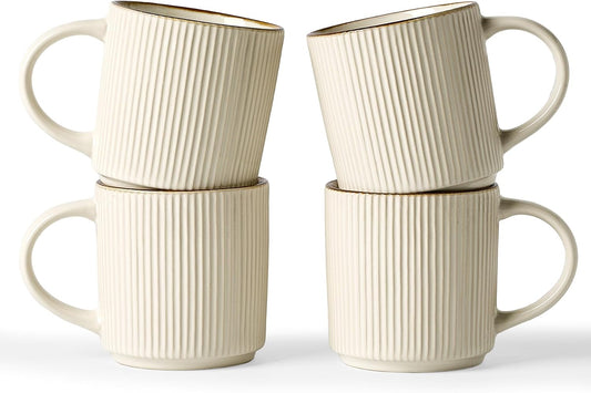 famiware Coffee Mug Set for 4, Star 12 oz Catering Mugs Cup Set with Handle for Coffee, Tea, Cocoa, Milk - Ceramic Stoneware Drinkware Set, White