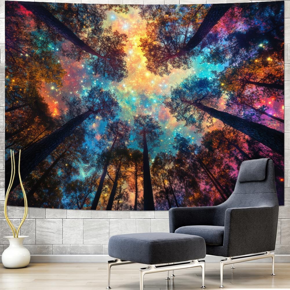 Amhokhui Colorful Forest Tapestry Nature Landscape Tapestry Mysterious Sky Tapestries Psychedelic Aesthetic Starry Night Tapestries Trippy Galaxy Space Wall Hanging Decor for Home