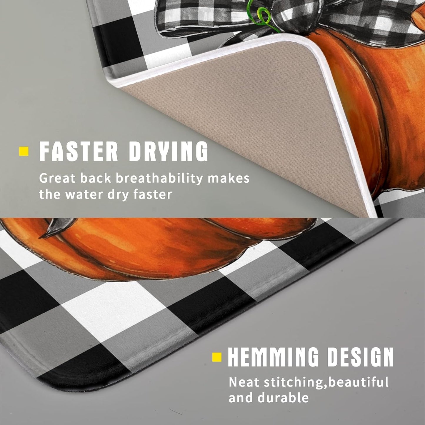 Fall Pumpkin Dish Drying Mat for Kitchen Counter Black White Buffalo Check Thanksgiving Super Absorbent Reversible Microfiber Kitchen Countertop Protector Dishes Pad Small 16x18 inch