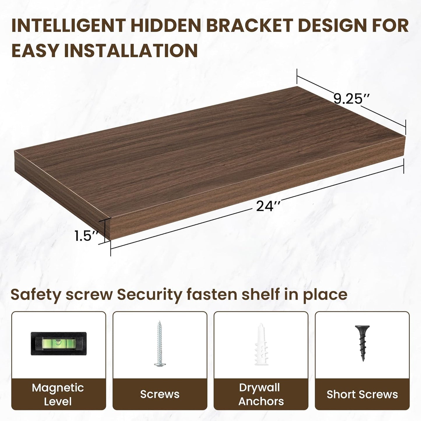 24 Inch Floating Shelves, 12 Inch Deep Floating Shelves for Wall, Floating Shelf with Invisible Brackets, Deep Shelves for Bathroom, Bedroom, Living Room, 2 Pack, Walnut