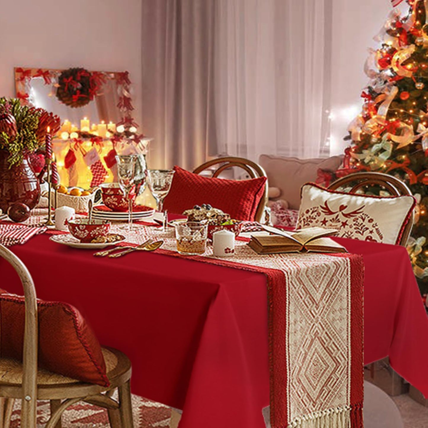 sancua Rectangle Tablecloth - 90 x 156 Inch - Water Resistant Spill Proof Washable Polyester Table Cloth, Decorative Fabric Table Cover for Dining Tables, Buffet Parties and Camping, Red