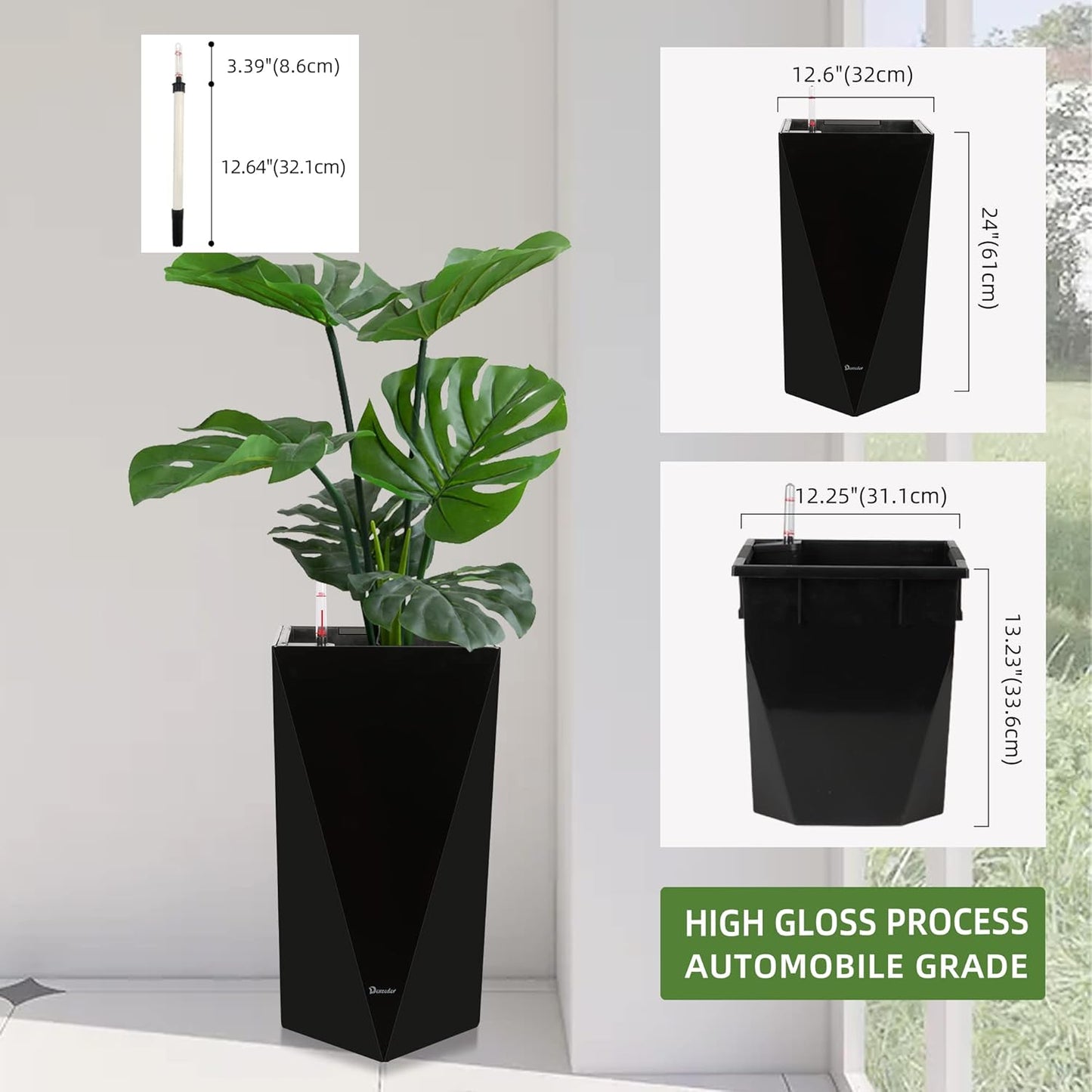 Dexceder 24 Inches Tall Self Watering Planter Diamond High Gloss Indoor Outdoor, Thickened Rhombus Large Floor Standing Flower Plant Pot with Water Level Indicator (Black)