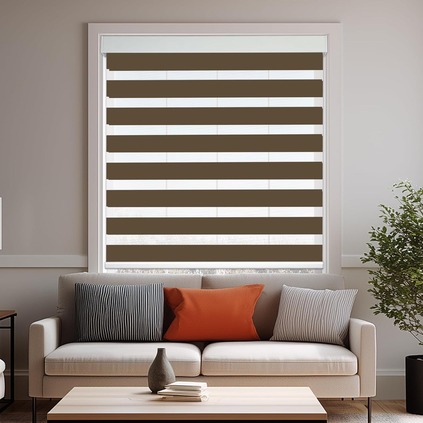HESTIA Cordless Zebra Blinds Light Filtering Roller Shades UV Blocking Blackout Privacy Indoor Window Shades for Home Office Day and Night, Brown,46" W x 54" H