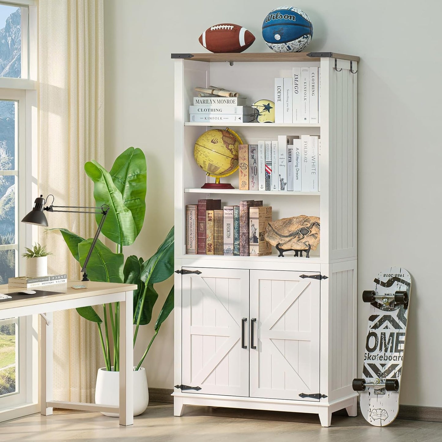 5 Tier Bookshelf 70in Tall Bookcase with Barn Doors and Storage Cabinet, White Farmhouse Book Shelf with Adjustable Shelves, Wood Freestanding Display Bookshelves for Bedroom, Living Room