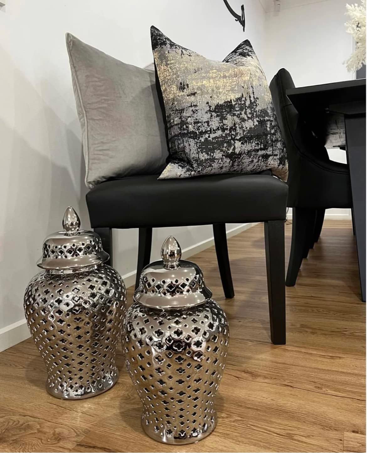 THE-TINOART Charcoal Gray & Black Pillow Cover 24x24 - Gold Embroidered Luxury Jacquard, Modern Reversible Throw Pillow Cover for Sofa/Bed, Velvet Backing