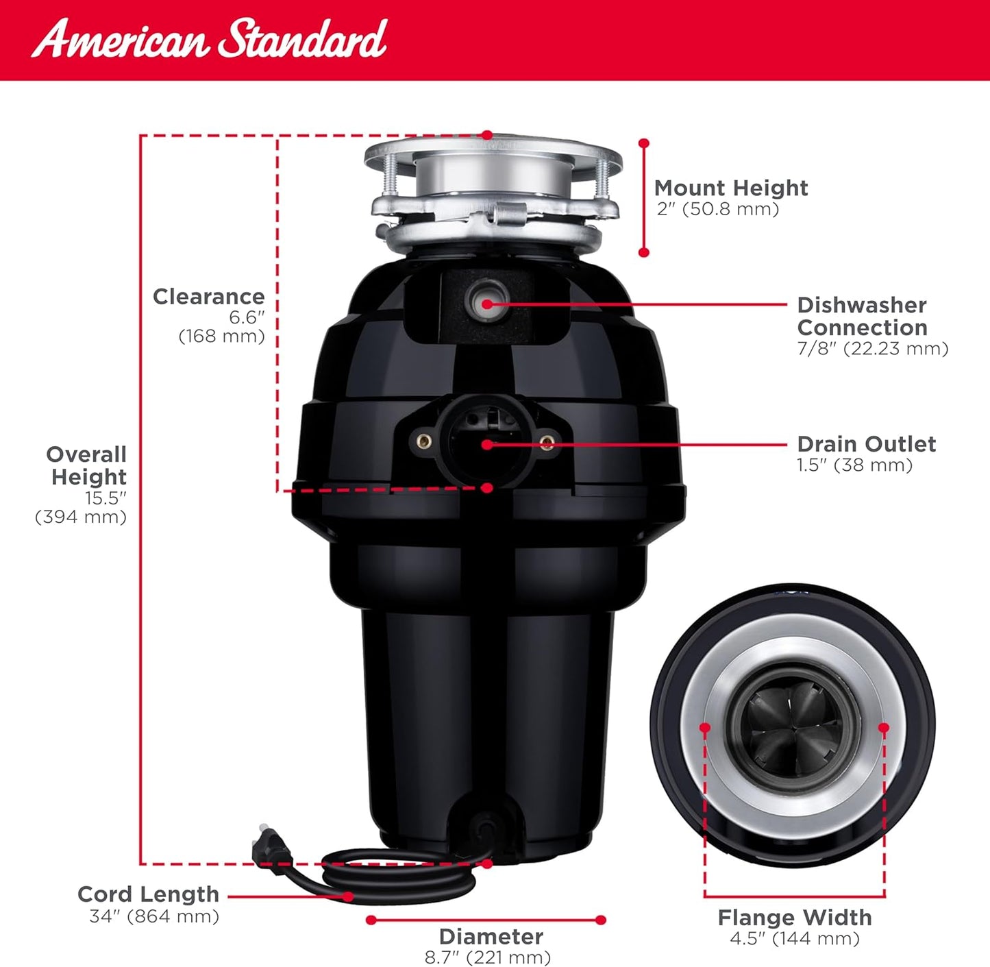 American Standard 10-US-AS-12 Garbage Disposal Anti-Jam Stainless Steel Food Waste Grinding System, Heavy Duty, 1.25 HP, Black