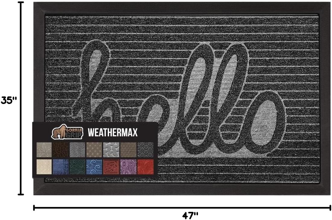 GORILLA GRIP 100% Waterproof All-Season WeatherMax Doormat, 47x35, US Designed Natural Rubber, Stain and Fade Resistant, Low Profile Indoor Outdoor Door Mats, Easy Clean Patio Mat, Charcoal Hello