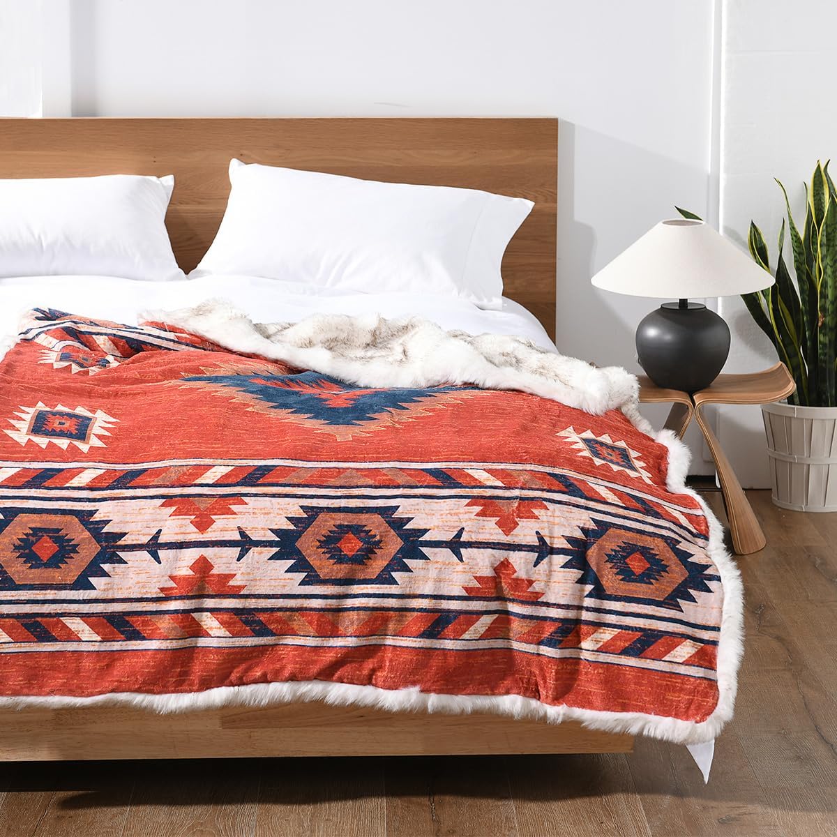 Luxury Plush Faux Fur Throw Blanket with Aztec Pattern, Super Warm, Fuzzy, Elegant, Fluffy Decoration Blanket for Couch, Armchair, Sofa and Bed, 60''x 80'', Red