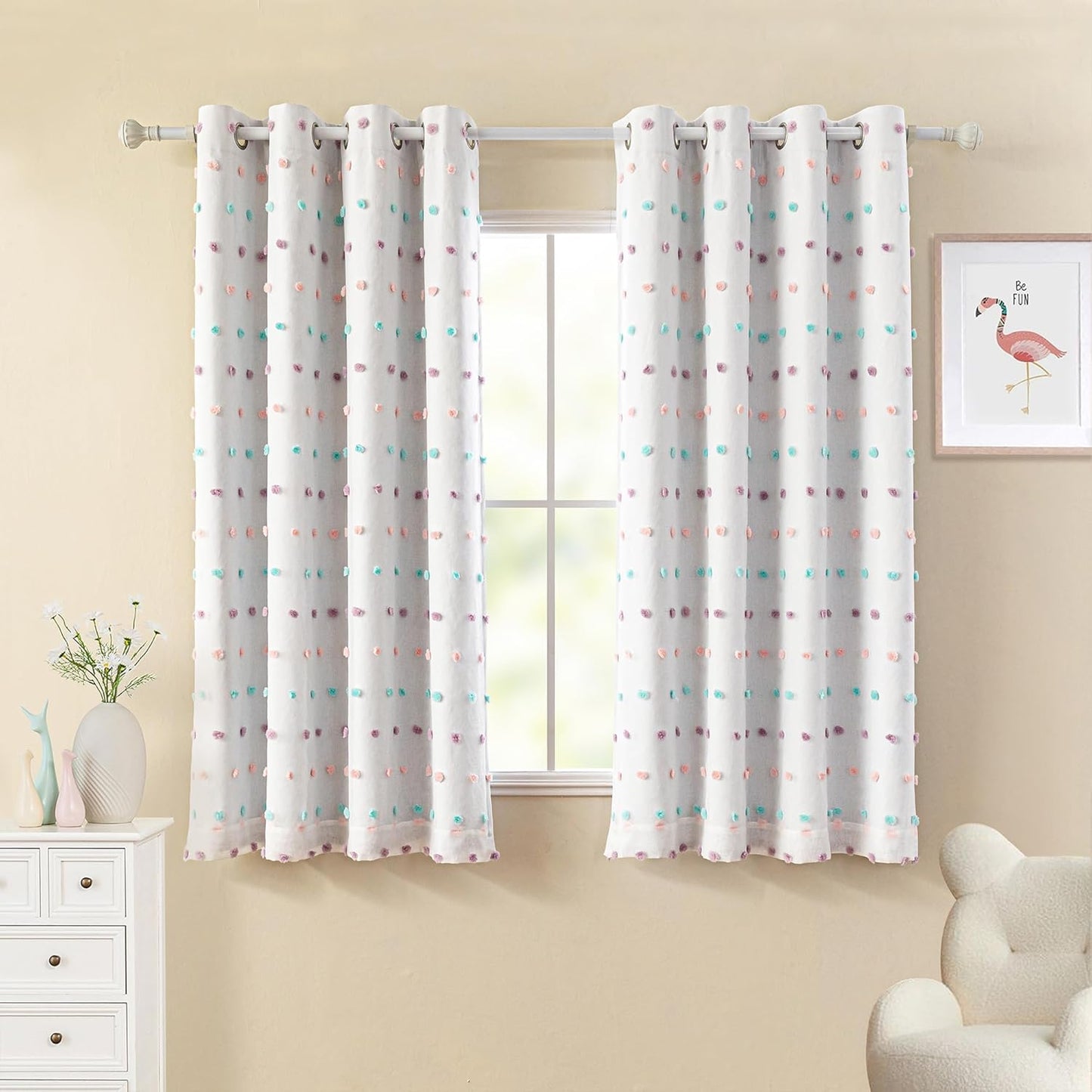 MYSKY HOME Total Blackout Curtains for Kids Bedroom Nursery Curtains 100% Light Block Doubled Curtains with Rainbow Pom Pom Sheer Window Drapes for Kitchen Room Darkening Grommet Set of 2, 52 x 54 in
