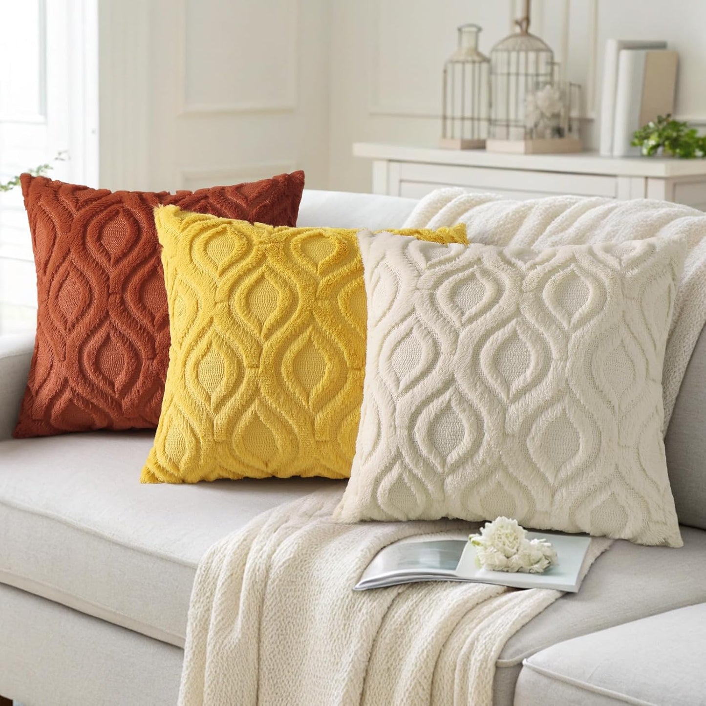 decorUhome Throw Pillow Covers 26x26 Inch Set of 2, Soft Plush Decorative Faux Fur Mustard Yellow Solid Couch Pillow Covers, Accent Farmhouse Neutral Square Euro Pillow Cases for Sofa Bed Living Room