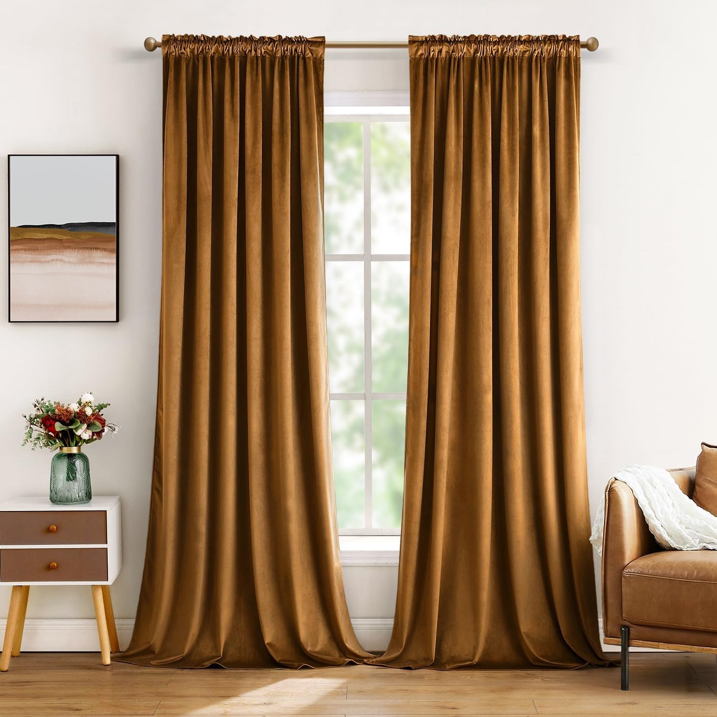 MIULEE Golden Brown Velvet Curtains Thermal Insulated Blackout Curtain Drapes for Bedroom Living Room Darkening 72 Inches Long Curtains Panels Rod Pocket Set of 2